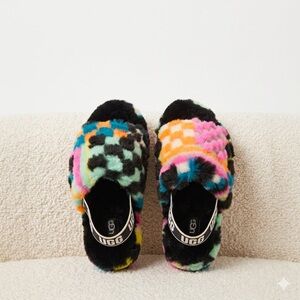UGG Fluff Yeah Checks Slide – Black Multi Checkerboard – Size US 3    NWOT